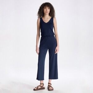 Unbound Merino | Travel Wide Leg Jumpsuit Navy Blue Merino Wool Tencel Size L
